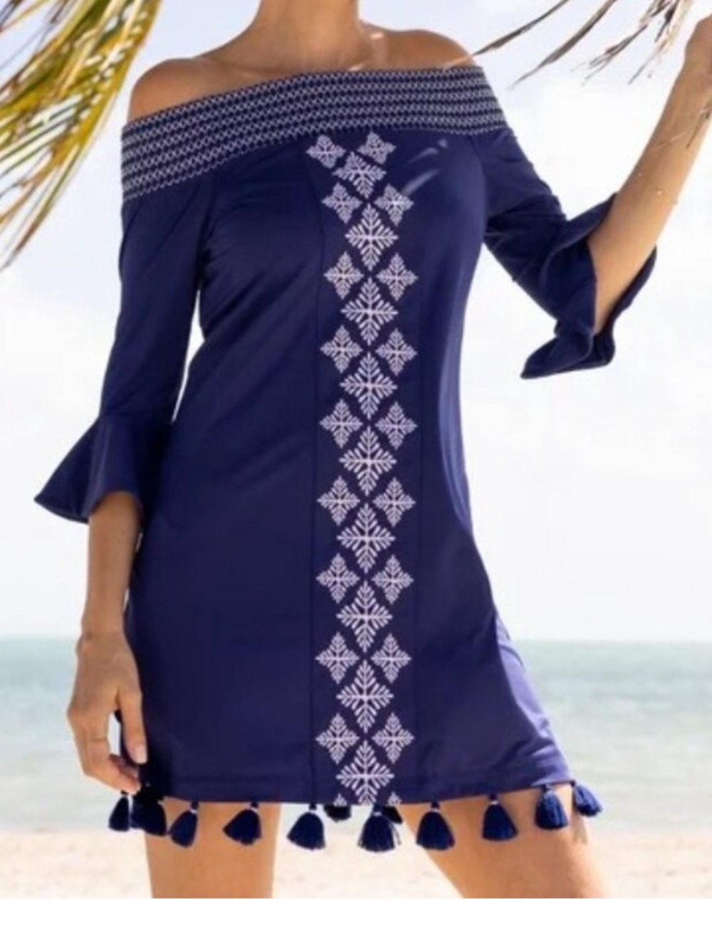 CABANA LIFE/Navy Embroidered Off The Shoulder Mini Dress/NWT